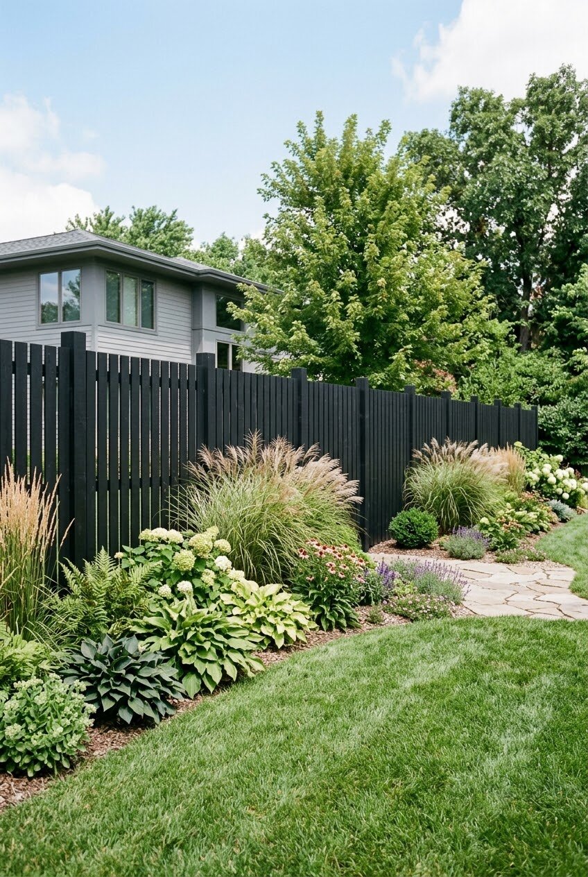 wrought iron style metal privacy fence with solid panel infill