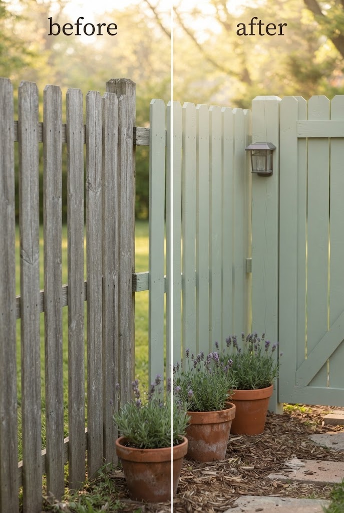 budget-friendly modern front yard fence makeover with black painted panels and metal posts