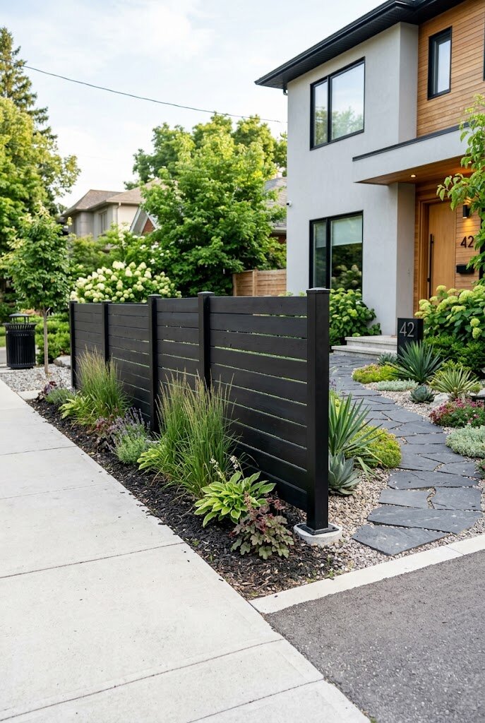 existing wood fence repainted matte black for an instant budget modern makeover