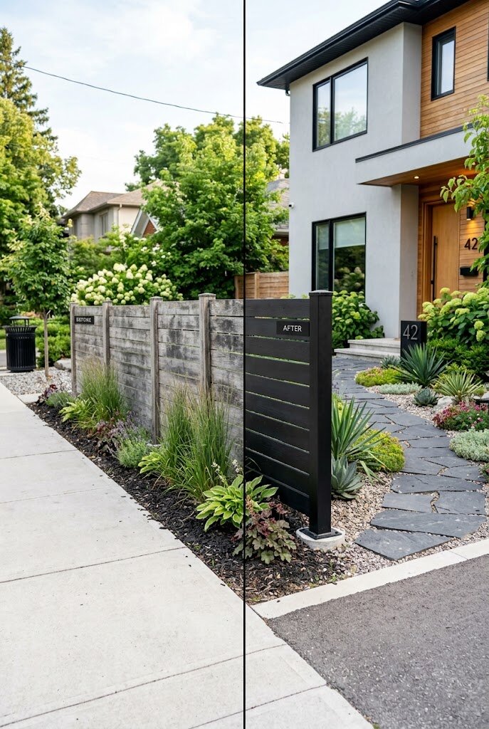 horizontal cap rail board added to top of dated picket fence for modern update