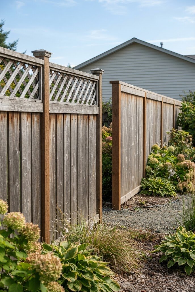 black privacy slats woven through existing chain-link fence for budget makeover