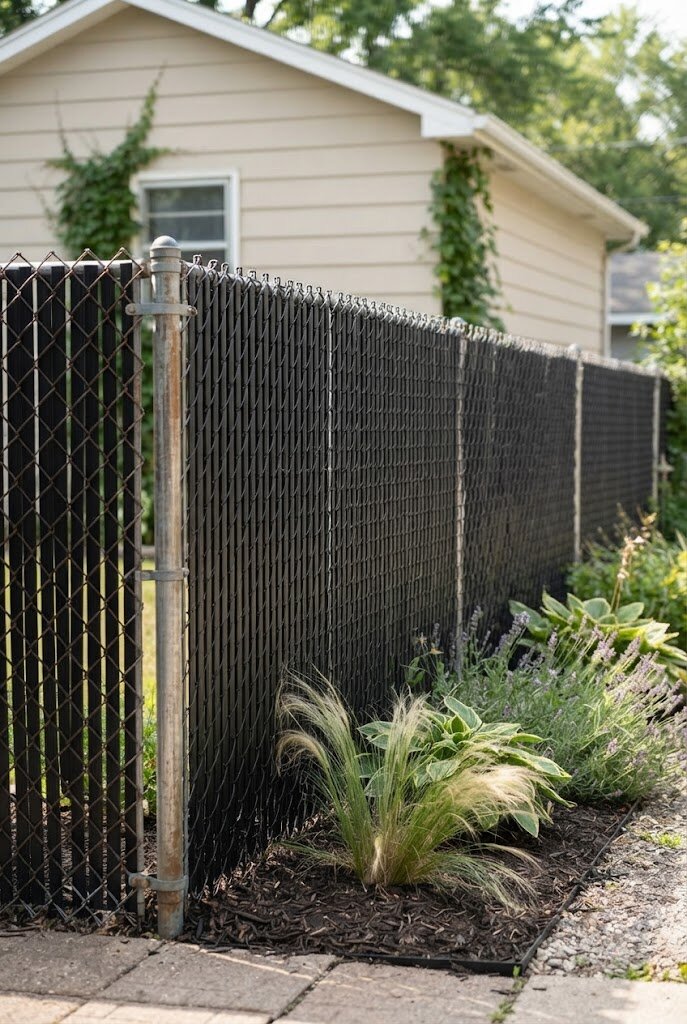 two-tone budget fence makeover with black painted posts and white panels