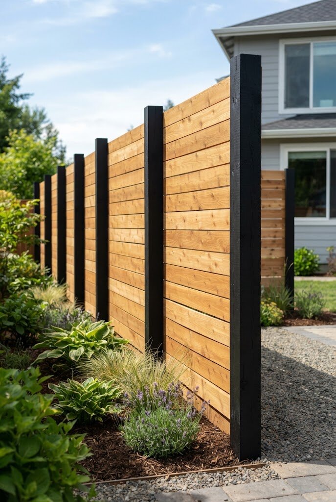 vertical slat inserts added between existing fence posts for modern privacy
