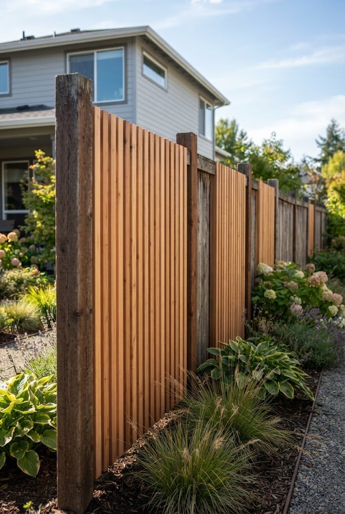 power-washed and sealed natural wood fence restored to original modern grain tone