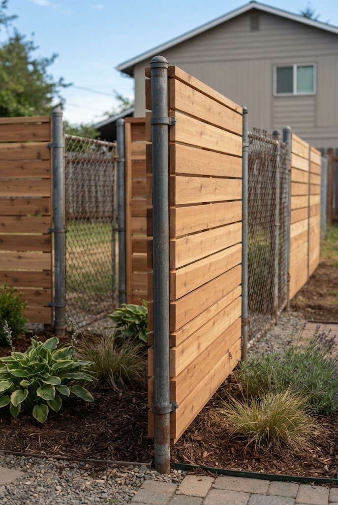 new modern fence panels installed onto reclaimed existing metal fence posts
