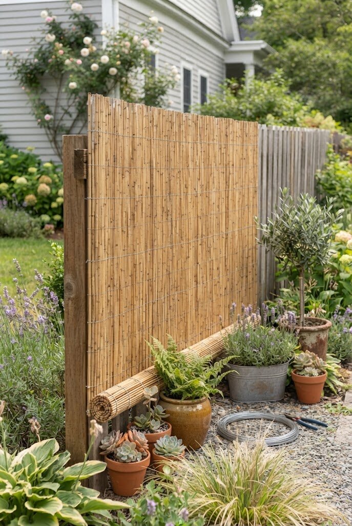 affordable bamboo screening rolled over a plain budget fence for instant texture