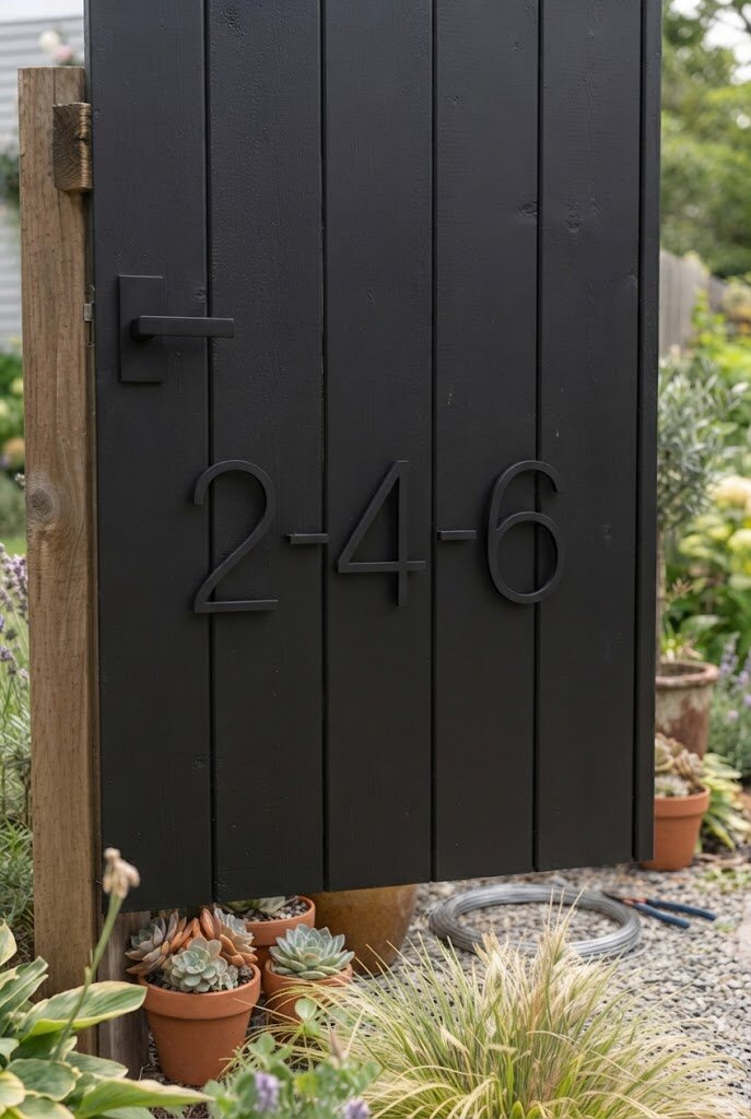 modern minimalist house numbers mounted on a freshly painted front yard fence gate