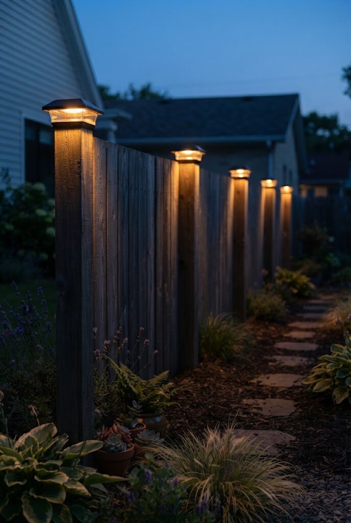 budget solar post cap lights added to existing fence posts for evening upgrade