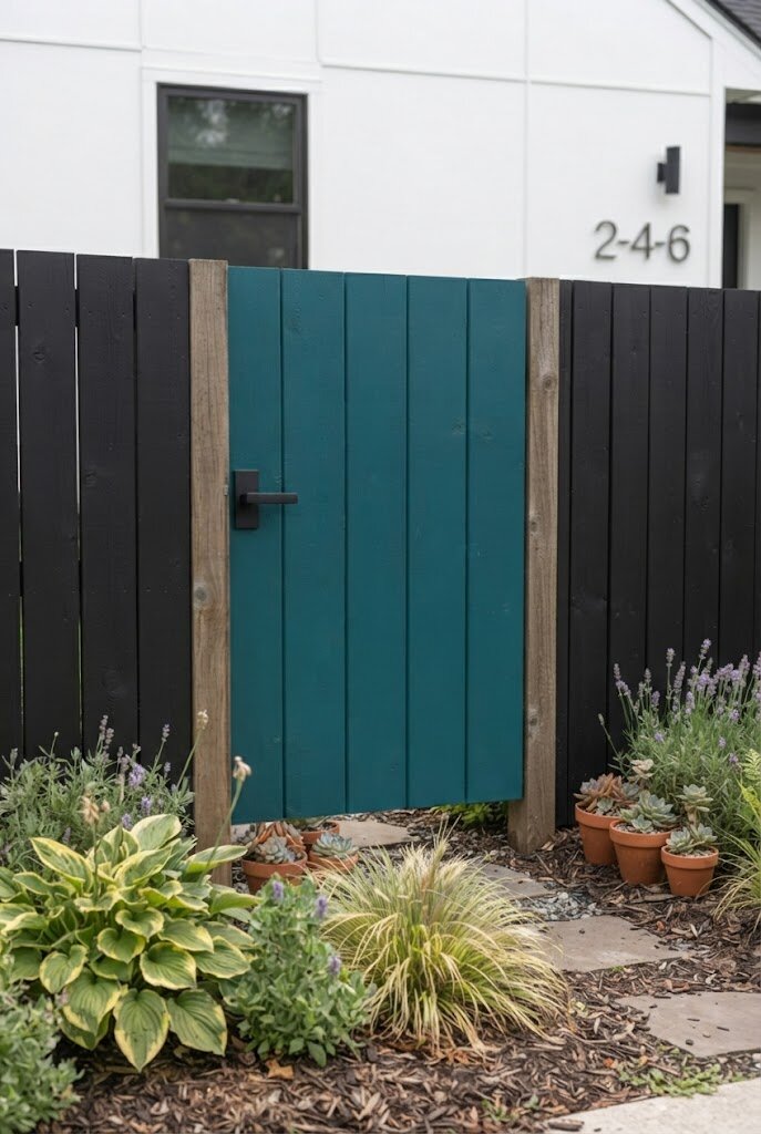 fence gate repainted in bold contrasting color as a budget accent upgrade