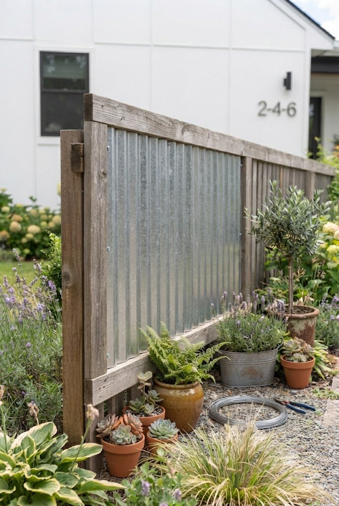 inexpensive corrugated metal panel insert between existing wood fence rails