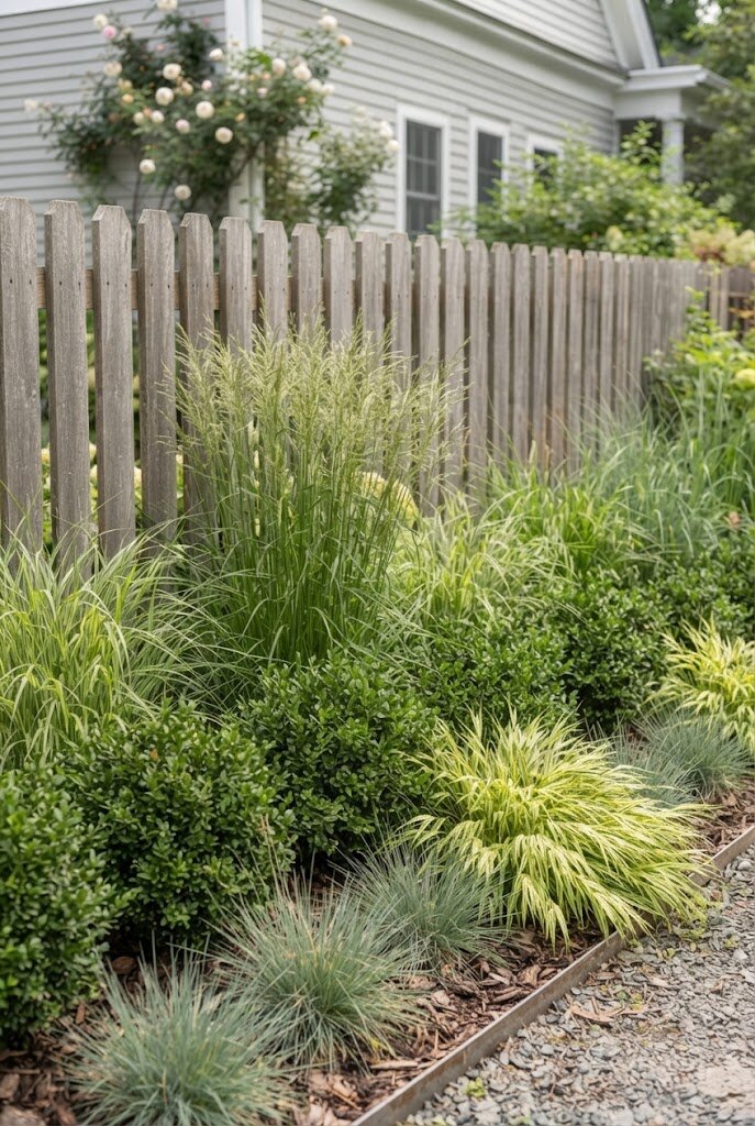 DIY stenciled geometric pattern painted on a plain budget fence section