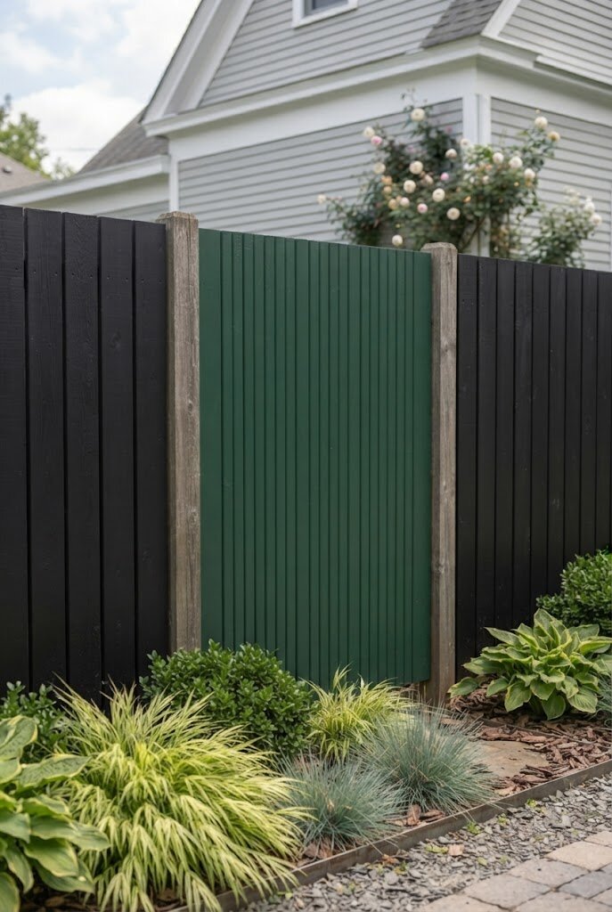 layered ornamental grasses and shrubs planted in front of a plain budget fence