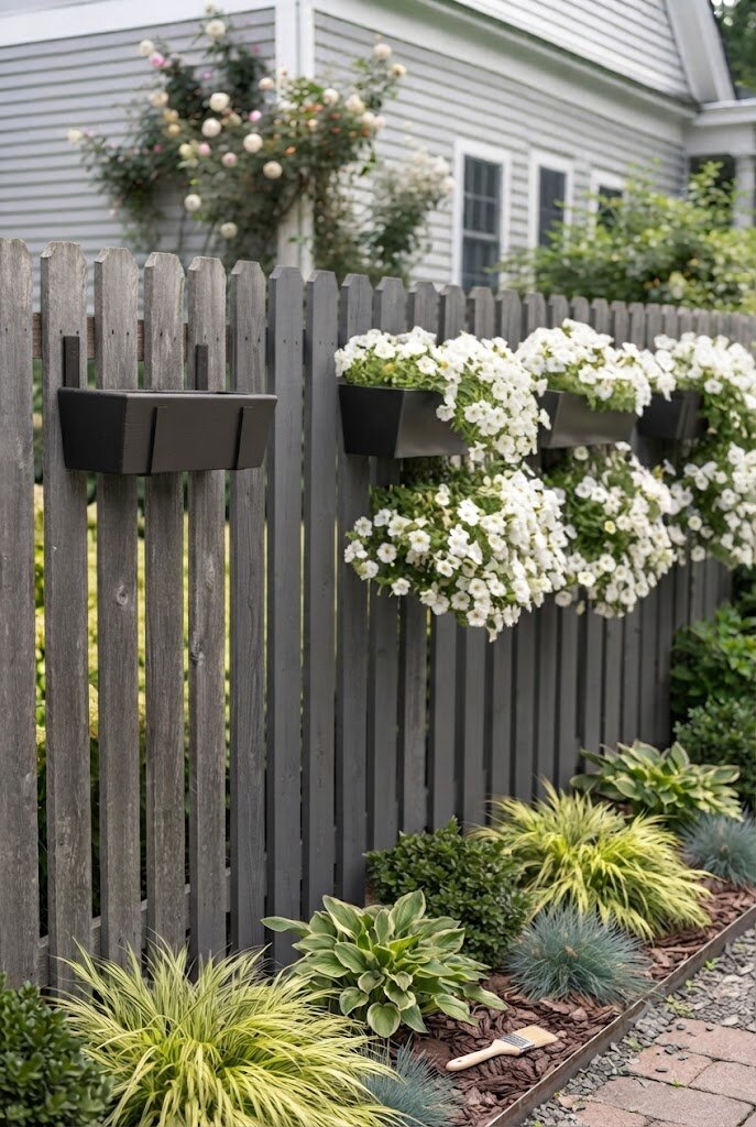 mounted planter boxes attached along a budget fence rail with flowers