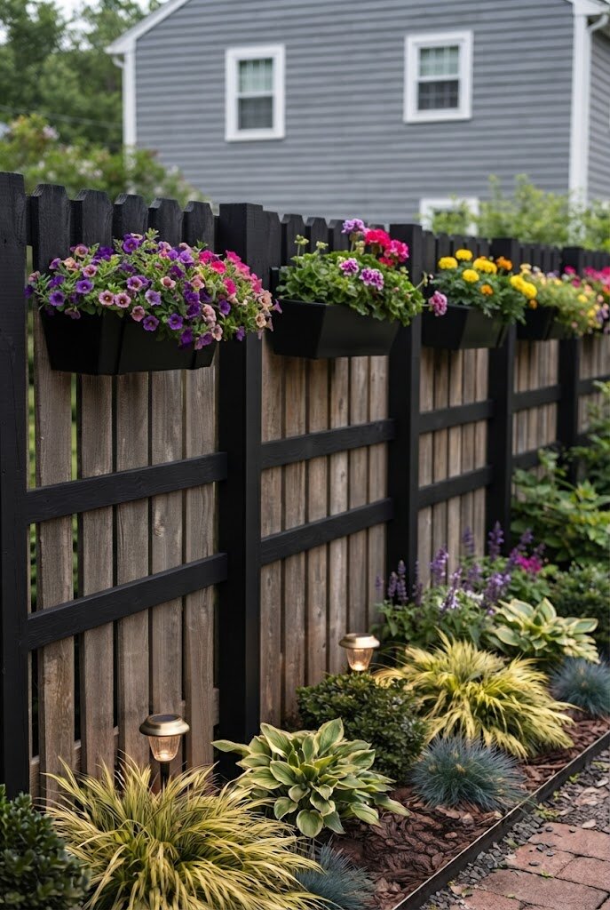reclaimed and new fence boards mixed together under one unifying modern stain color