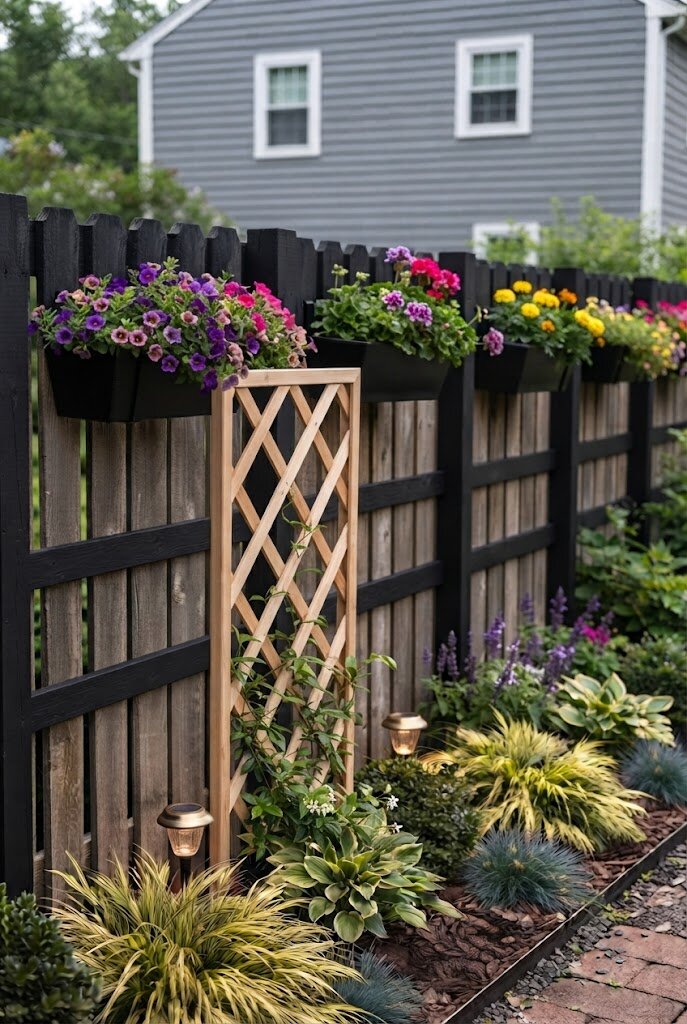 budget solar uplighting aimed at existing fence line for dramatic evening texture