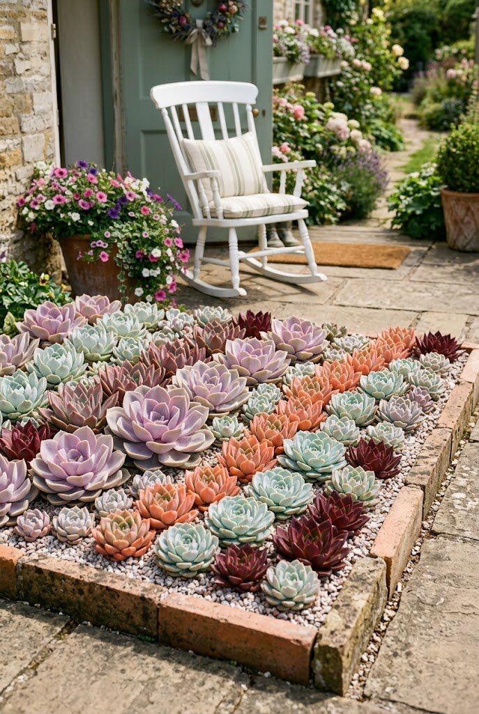 layered rock garden with sedum and sempervivum hens and chicks planted between slate stones