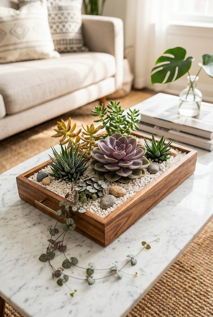 cedar raised bed garden planted with mixed succulent varieties in organized rows