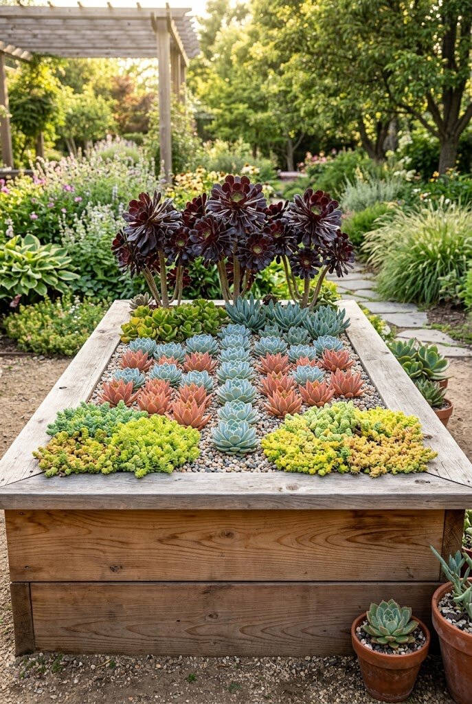 galvanized metal raised garden bed with colorful succulent varieties and gravel top dressing