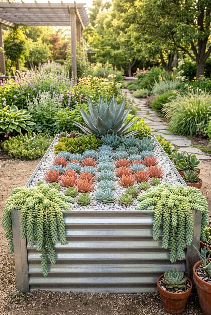 close-up of diverse succulent rosettes planted densely in raised wooden garden bed