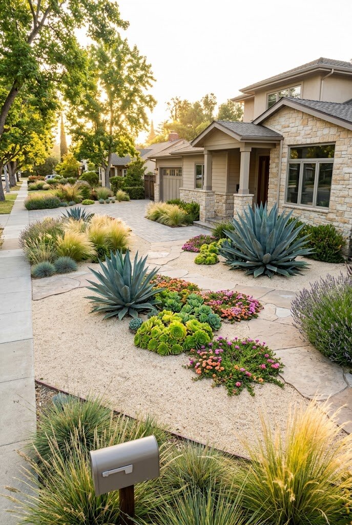 colorful low-water front yard landscaping with mixed succulent groundcovers and boulders