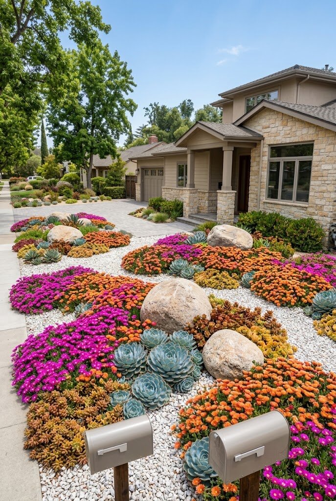 xeriscape front yard with agave yucca ice plant and crushed granite replacing lawn
