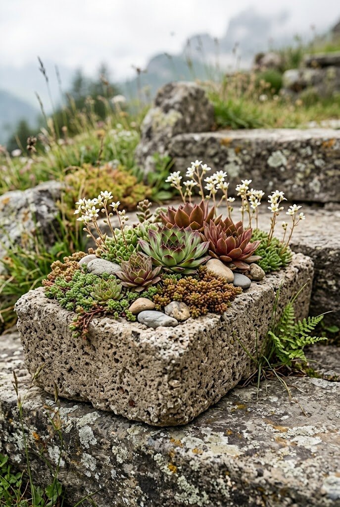mixed cactus and succulent garden with barrel cactus columnar cactus and echeveria rosettes