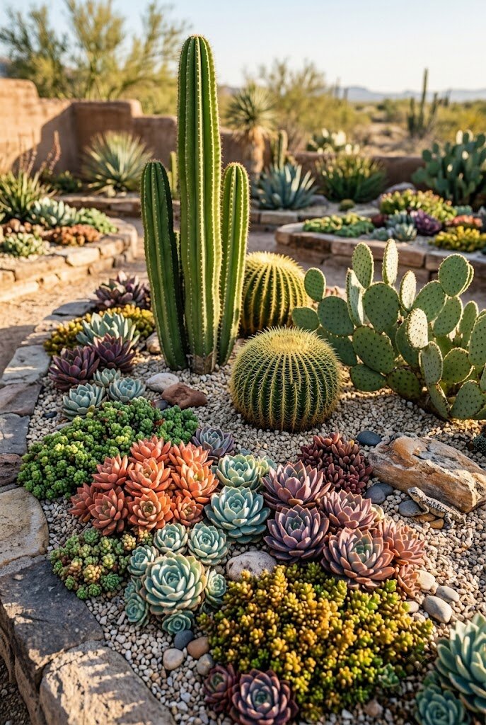 white and silver monochrome succulent garden with echeveria elegans blue chalk sticks and white gravel