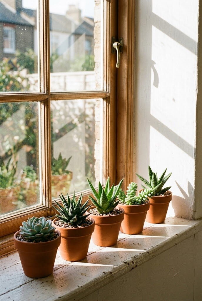 mixed ceramic and terracotta succulent pots on kitchen windowsill with natural light