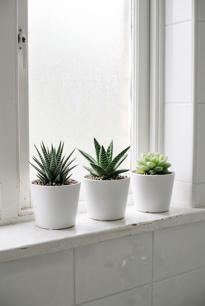 haworthia and gasteria succulents in white ceramic pots on bathroom windowsill