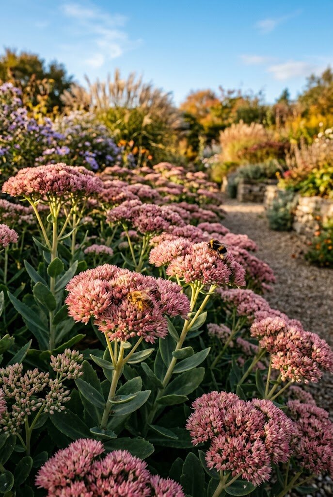 sedum autumn joy border in bloom with bees visiting pink flat-topped flower clusters
