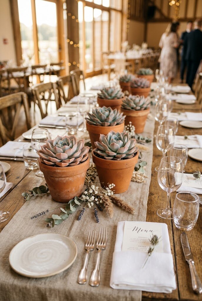 succulent wedding table centerpieces with echeveria in terracotta pots on rustic wood
