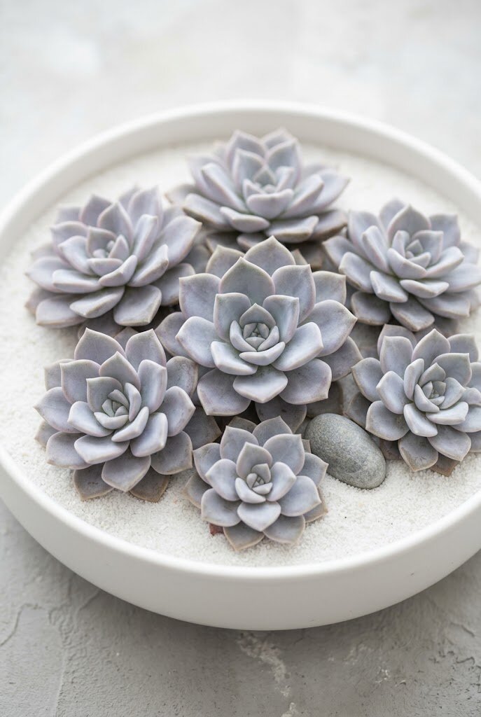 ghost plant graptopetalum rosettes in silver blue lavender grey in shallow ceramic bowl