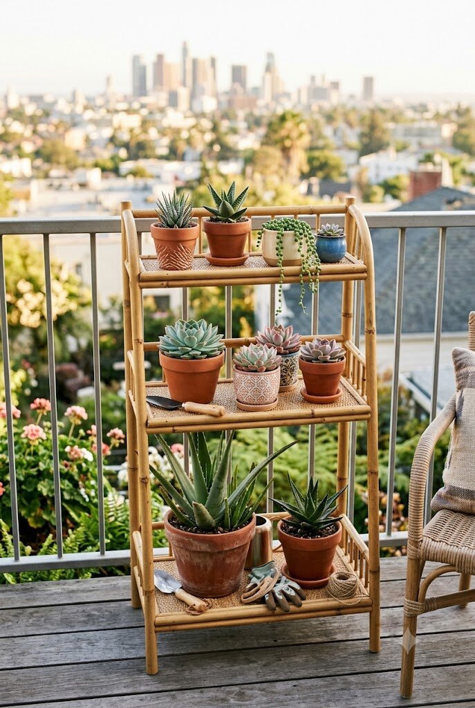 three-tier wooden plant stand filled with succulent variety pots on sunny balcony