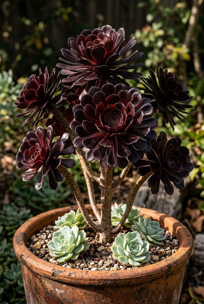 aeonium zwartkop black rose succulent with dark purple black rosettes in terracotta pot