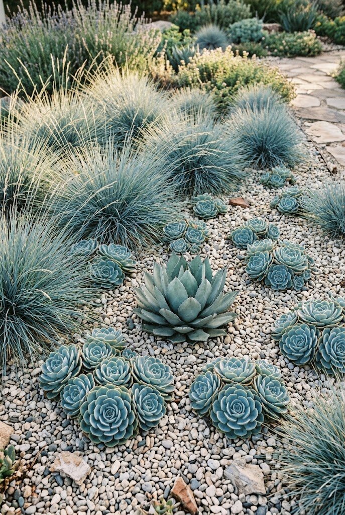 succulent garden border combining agave and echeveria with ornamental grasses blue fescue