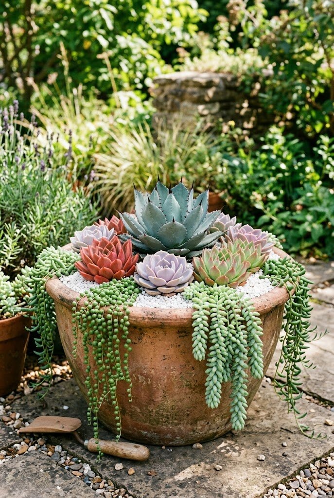 thriller filler spiller succulent container with agave center echeveria filler and string of pearls spiller
