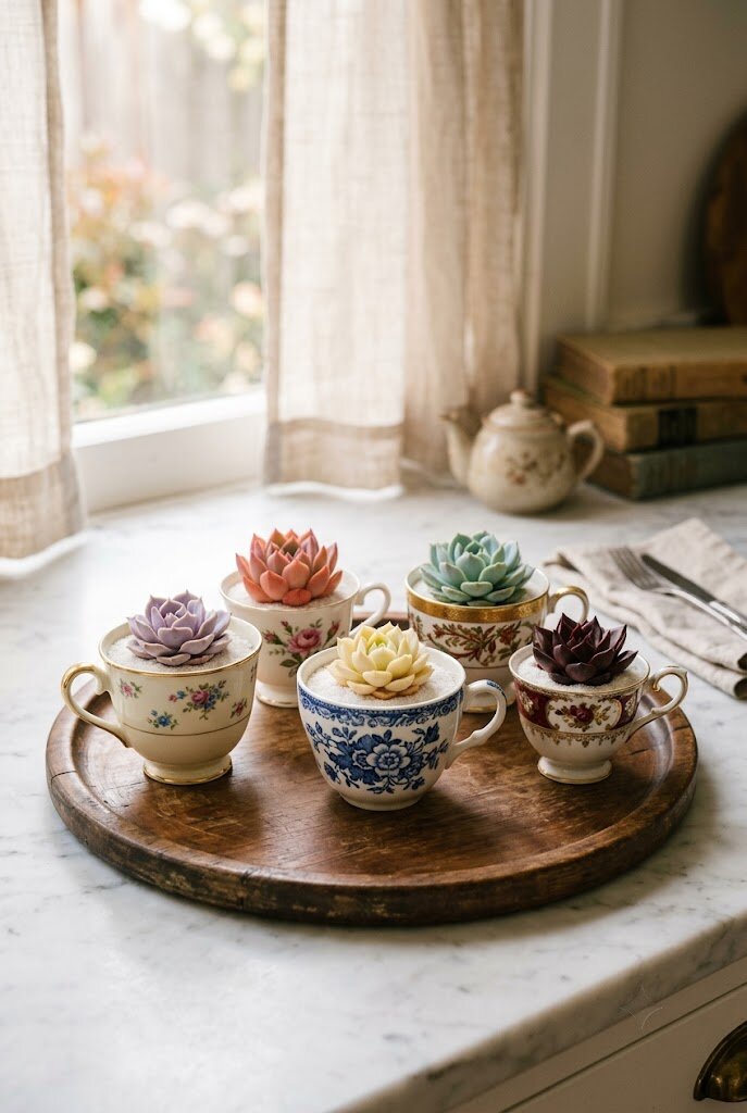 vintage teacups repurposed as succulent planters with echeveria rosettes on wooden tray
