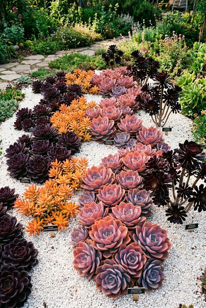 purple and orange succulent garden bed contrast with echeveria and sedum varieties