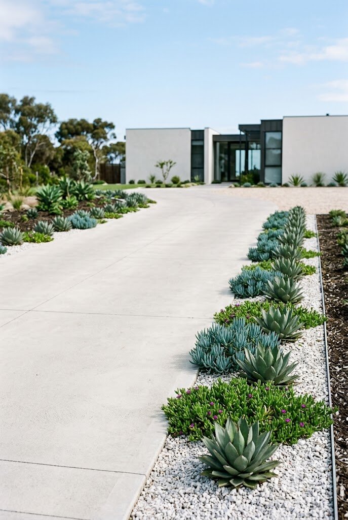 modern driveway edged with row of low agave and ice plant succulents on both sides