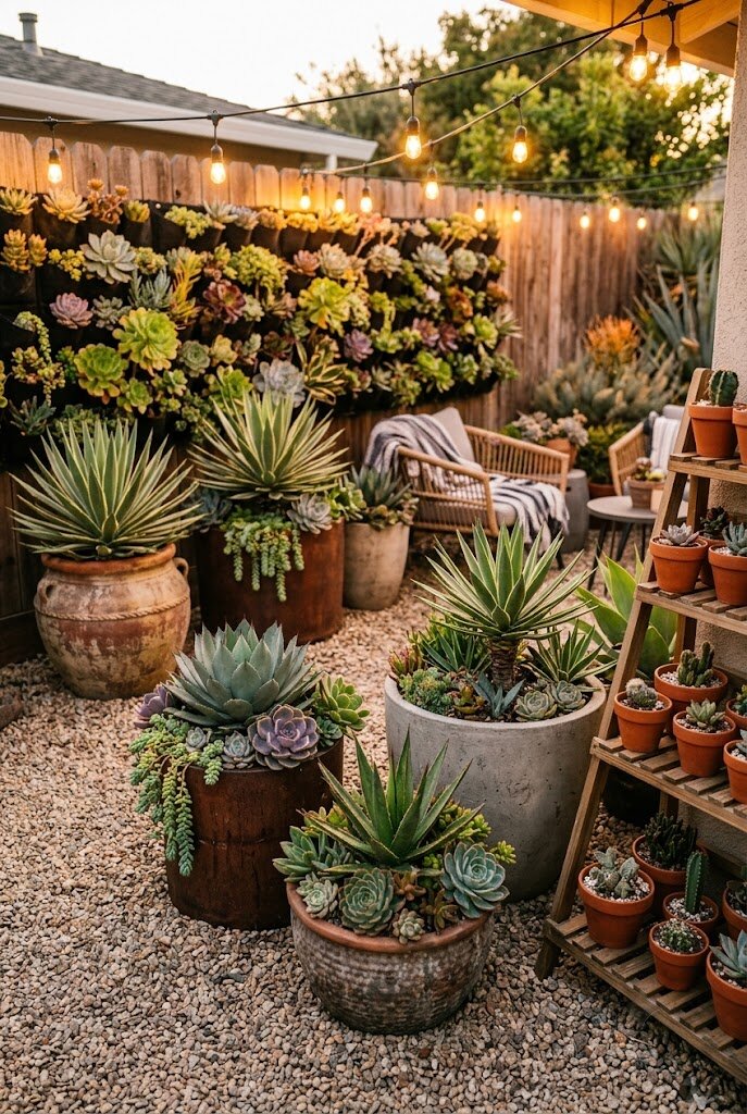 complete backyard succulent oasis with agave raised beds path edging and vertical wall