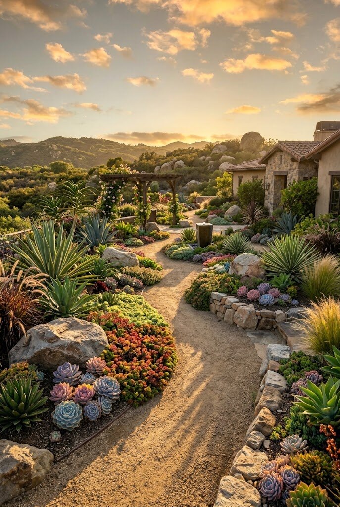 drought resistant garden patio with succulent containers vertical wall and gravel ground