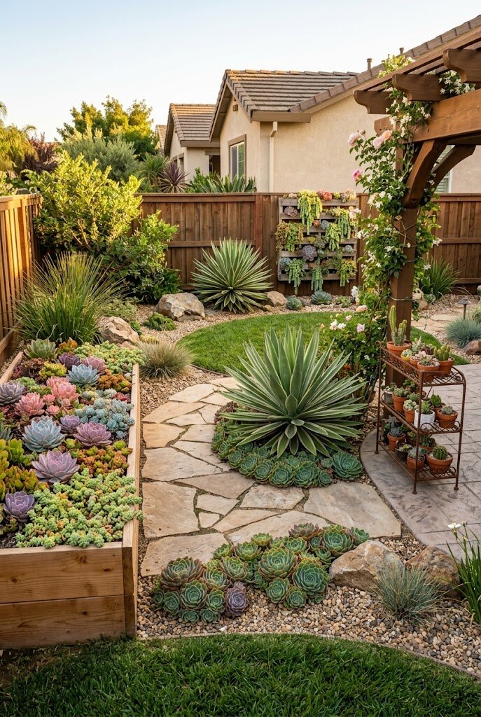 full succulent garden landscape at golden hour with colorful mixed plantings and gravel paths