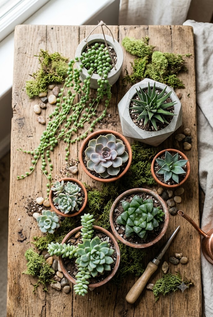 beautiful succulent rock garden with layered boulders, gravel mulch, and rosette succulents