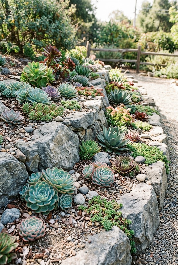 grey stone rock garden bed surrounded with drought-tolerant succulent plants