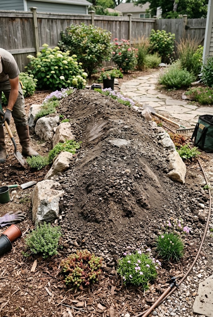 raised mounded garden bed with rocks and ground cover plants for drainage