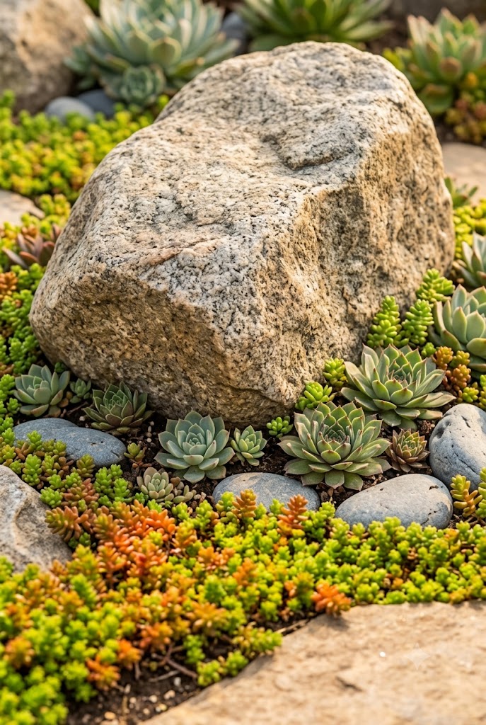 hens and chicks sempervivum rosette succulents spreading over gravel and rock
