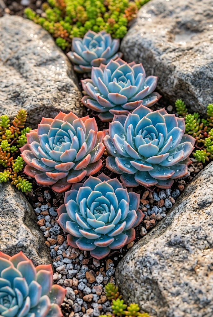 low spreading sedum ground cover succulents filling gaps between rock garden stones