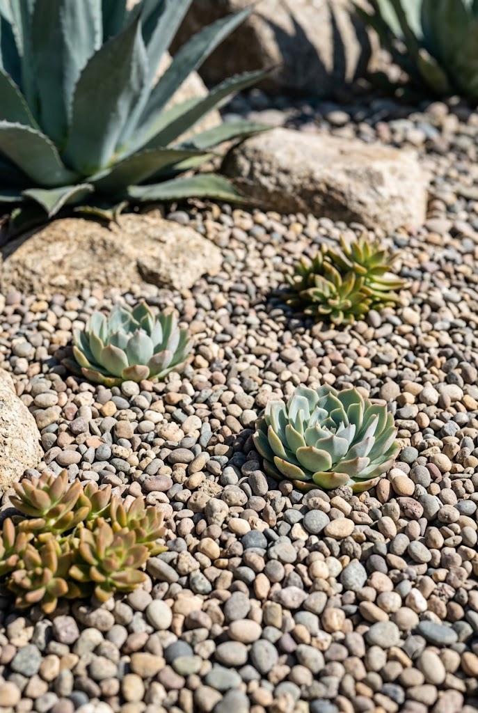 decomposed granite gravel mulch layered around a rock and succulent garden bed