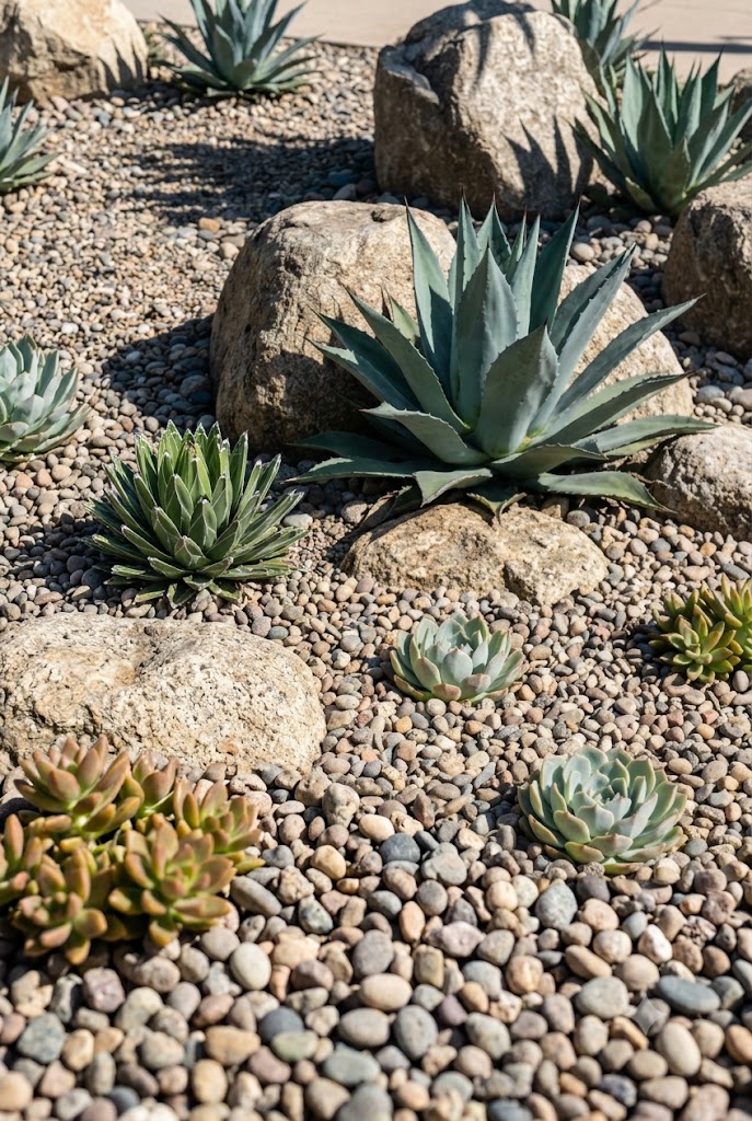 desert style rock garden with gravel and minimal sculptural plantings