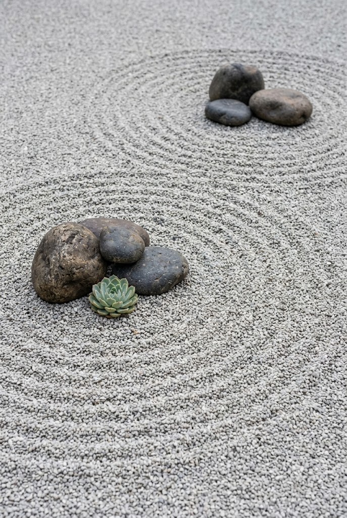 zen Japanese style rock garden with raked gravel and smooth stones